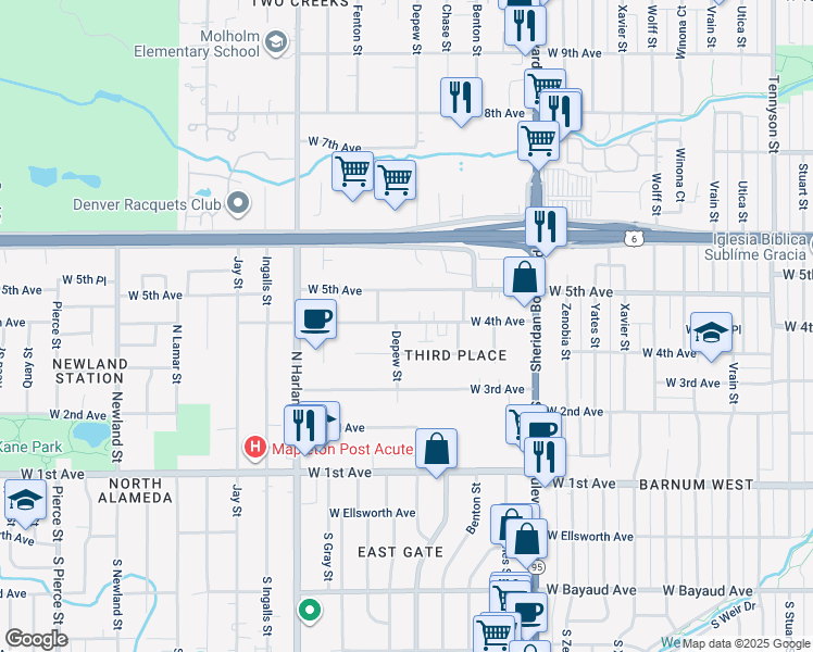 map of restaurants, bars, coffee shops, grocery stores, and more near 396 Depew Street in Denver