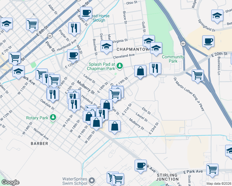 map of restaurants, bars, coffee shops, grocery stores, and more near 565 East 19th Street in Chico