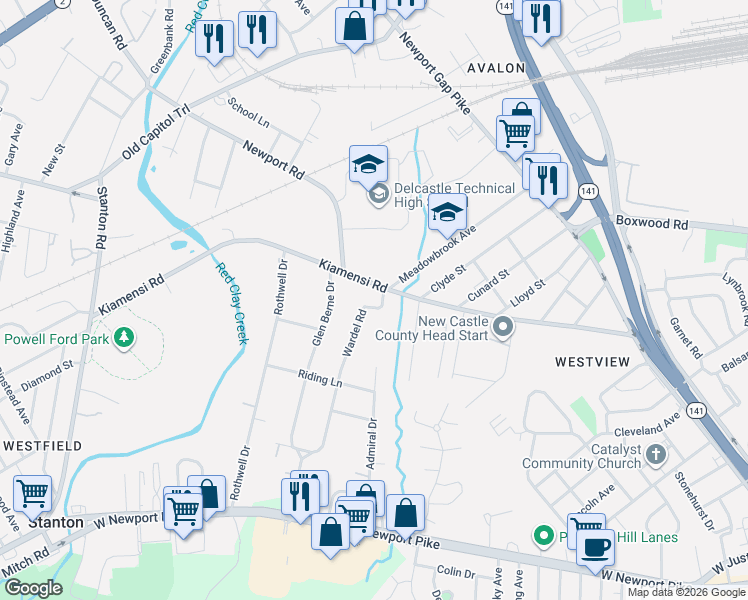 map of restaurants, bars, coffee shops, grocery stores, and more near 220 Wardel Road in Wilmington