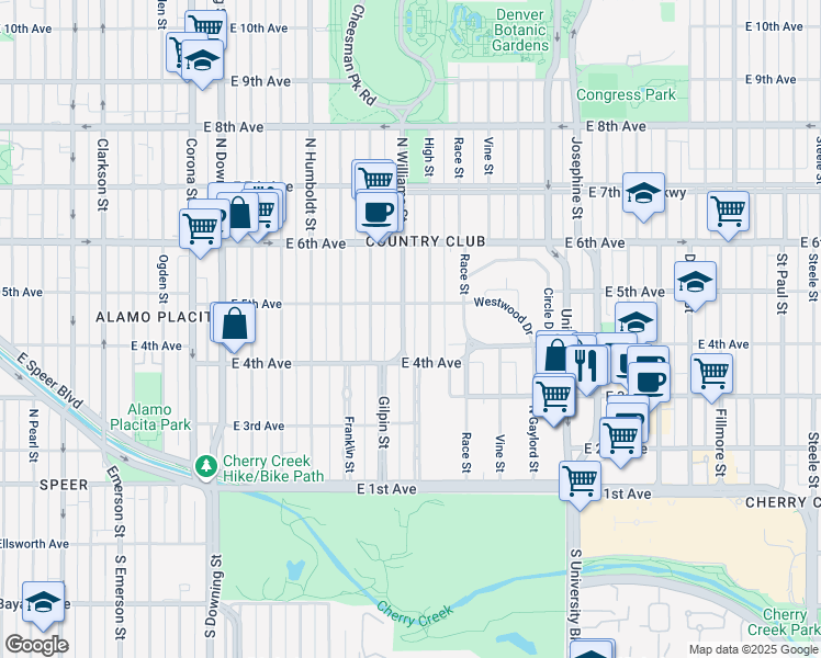 map of restaurants, bars, coffee shops, grocery stores, and more near 456 North Williams Street in Denver