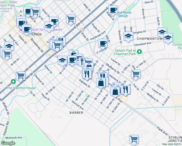 map of restaurants, bars, coffee shops, grocery stores, and more near 1406 Locust St in Chico