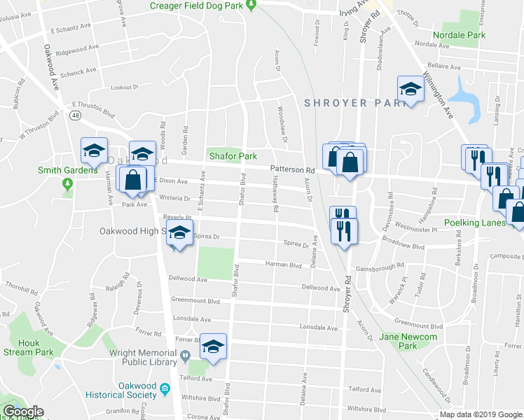 map of restaurants, bars, coffee shops, grocery stores, and more near 230 Wisteria Drive in Dayton
