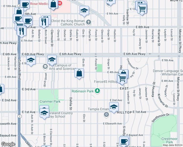 map of restaurants, bars, coffee shops, grocery stores, and more near 386 Fairfax Street in Denver