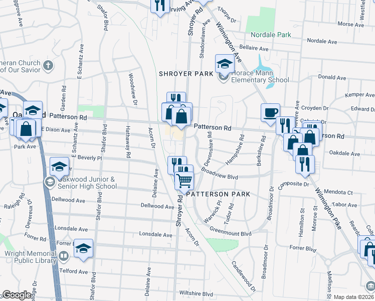 map of restaurants, bars, coffee shops, grocery stores, and more near 826 Shroyer Road in Dayton