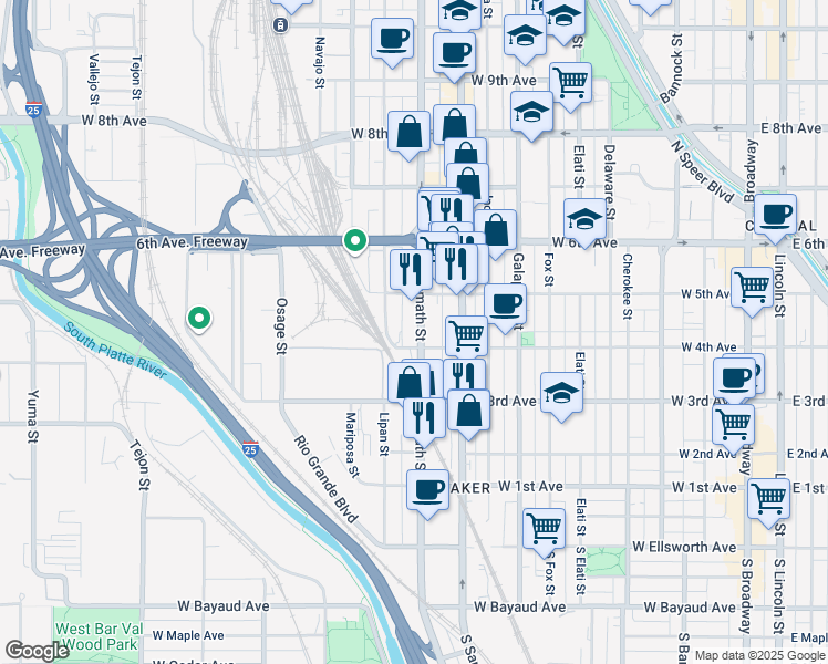 map of restaurants, bars, coffee shops, grocery stores, and more near 123 Kalamath Street in Denver