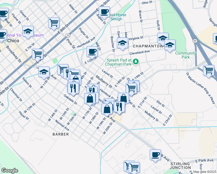 map of restaurants, bars, coffee shops, grocery stores, and more near 395 East 17th Street in Chico