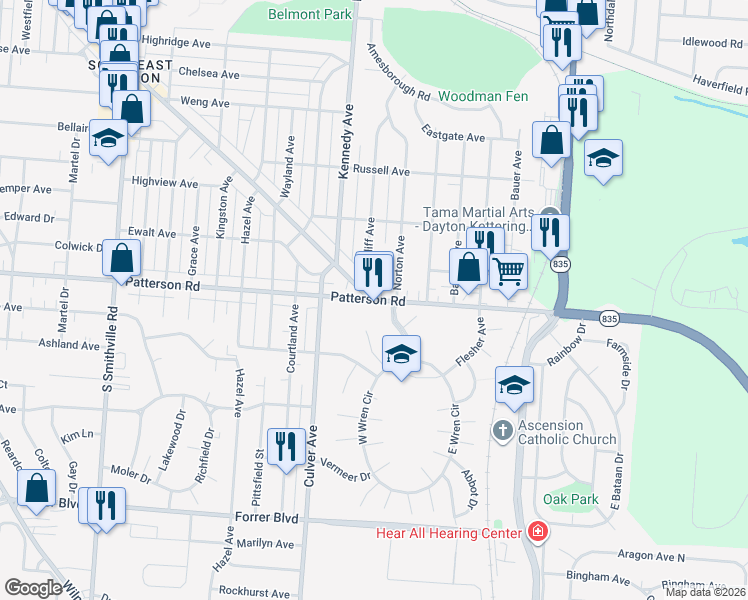 map of restaurants, bars, coffee shops, grocery stores, and more near Patterson Rd & Watervliet Ave in Dayton