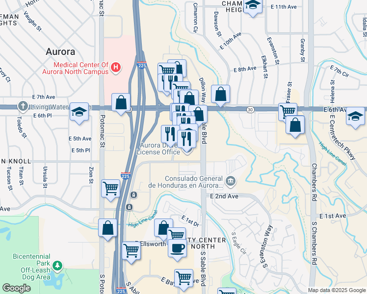 map of restaurants, bars, coffee shops, grocery stores, and more near 427 Sable Boulevard in Aurora
