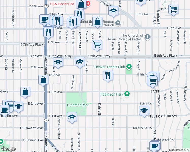 map of restaurants, bars, coffee shops, grocery stores, and more near 390 Dexter Street in Denver