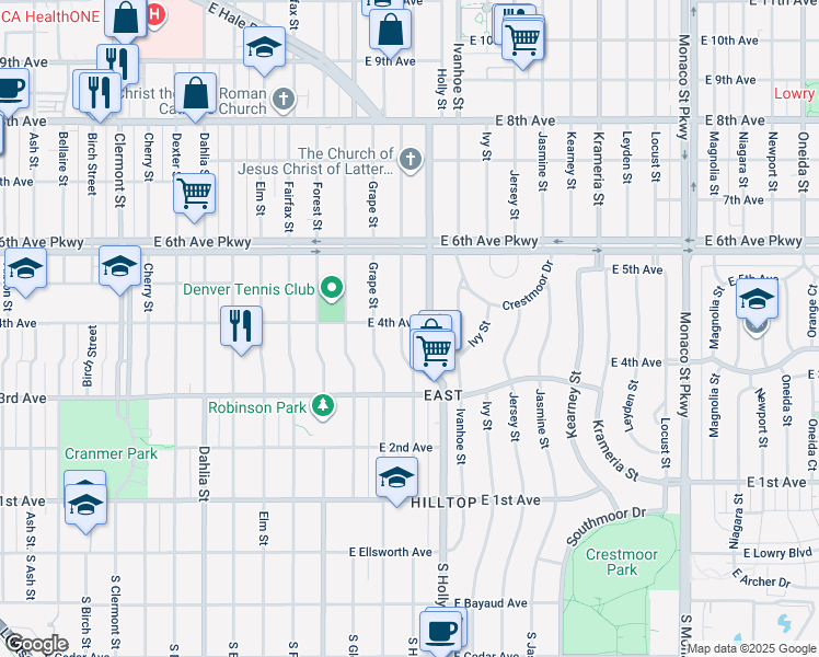 map of restaurants, bars, coffee shops, grocery stores, and more near 390 Hudson Street in Denver
