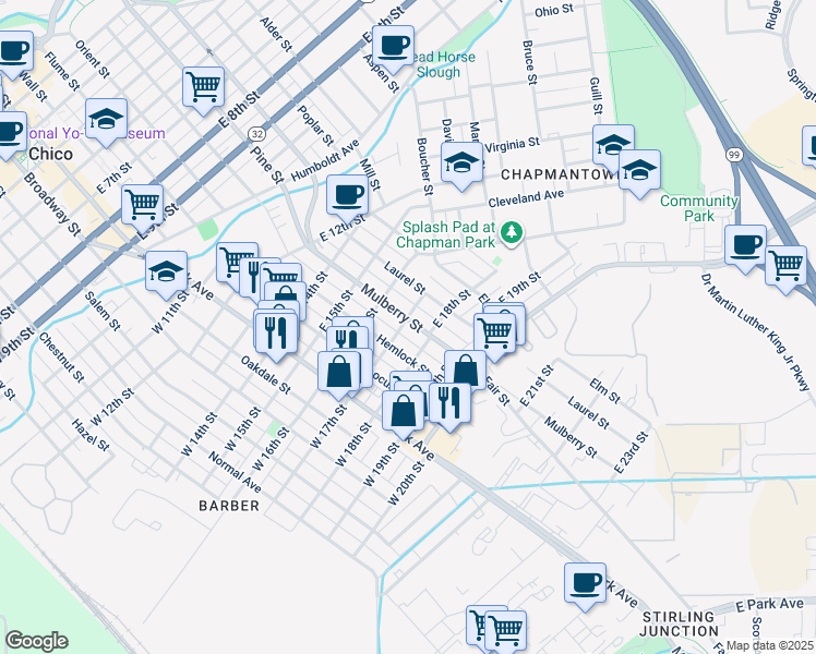 map of restaurants, bars, coffee shops, grocery stores, and more near 395 East 17th Street in Chico