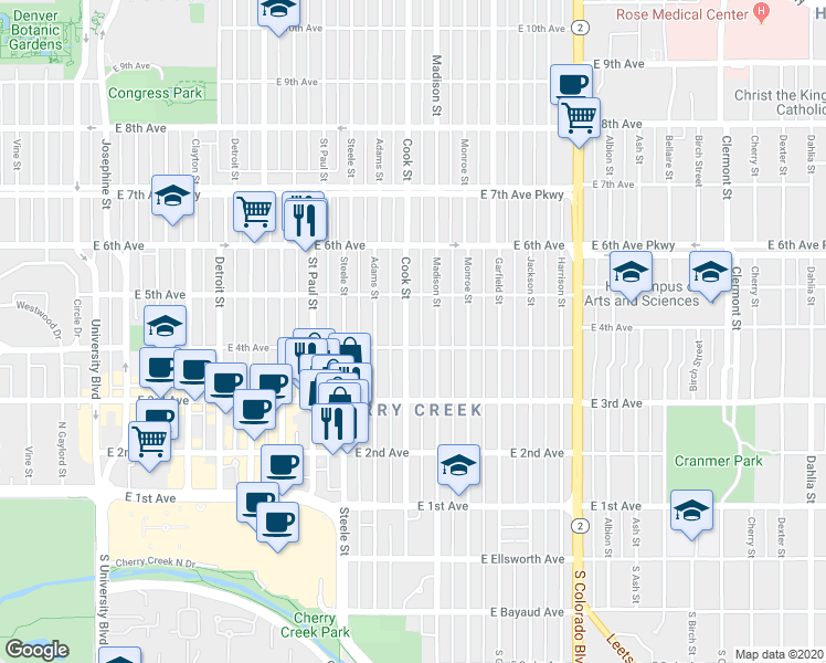 map of restaurants, bars, coffee shops, grocery stores, and more near 432 Cook Street in Denver
