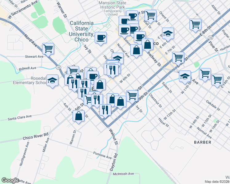 map of restaurants, bars, coffee shops, grocery stores, and more near 619 Cherry Street in Chico