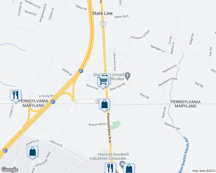 map of restaurants, bars, coffee shops, grocery stores, and more near 15720 Pennsylvania Avenue North in State Line