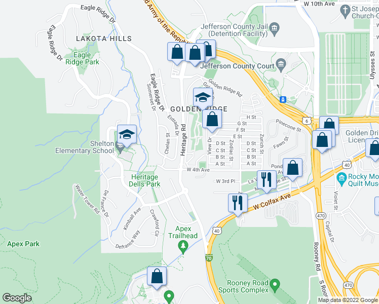 map of restaurants, bars, coffee shops, grocery stores, and more near 444 Anvil Way in Golden