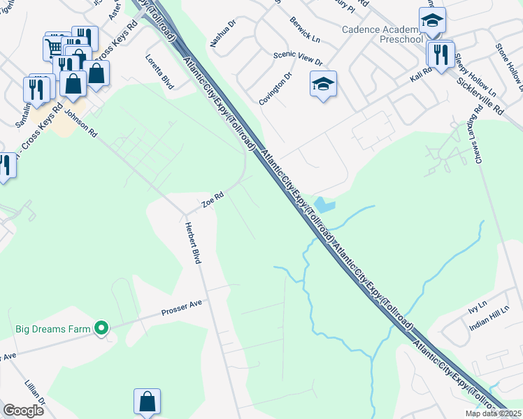 map of restaurants, bars, coffee shops, grocery stores, and more near 572 Zoe Road in Sicklerville