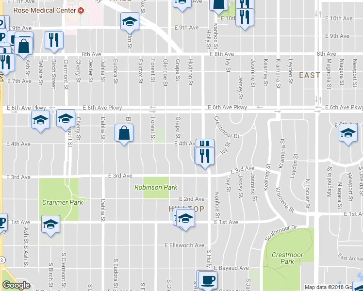 map of restaurants, bars, coffee shops, grocery stores, and more near 394 Grape Street in Denver