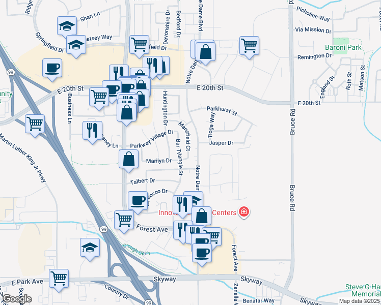 map of restaurants, bars, coffee shops, grocery stores, and more near 2240 Notre Dame Boulevard in Chico