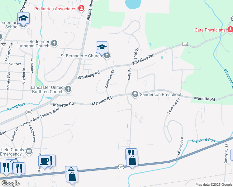 map of restaurants, bars, coffee shops, grocery stores, and more near 1331 Marietta Road in Lancaster