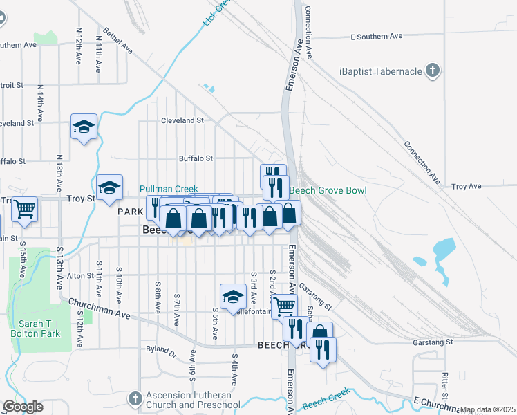 map of restaurants, bars, coffee shops, grocery stores, and more near 75 South 3rd Avenue in Beech Grove