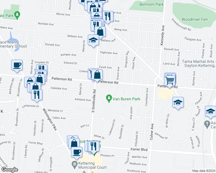 map of restaurants, bars, coffee shops, grocery stores, and more near 3015 Dwight Avenue in Dayton