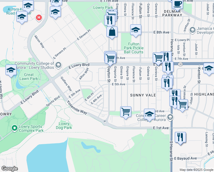 map of restaurants, bars, coffee shops, grocery stores, and more near 9690 East 5th Avenue in Denver