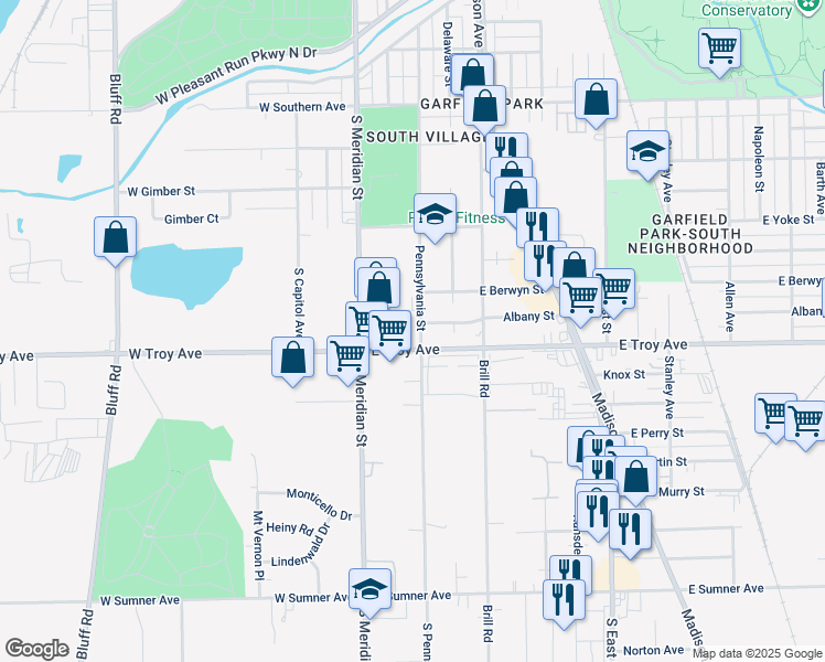 map of restaurants, bars, coffee shops, grocery stores, and more near 2940 South Pennsylvania Street in Indianapolis
