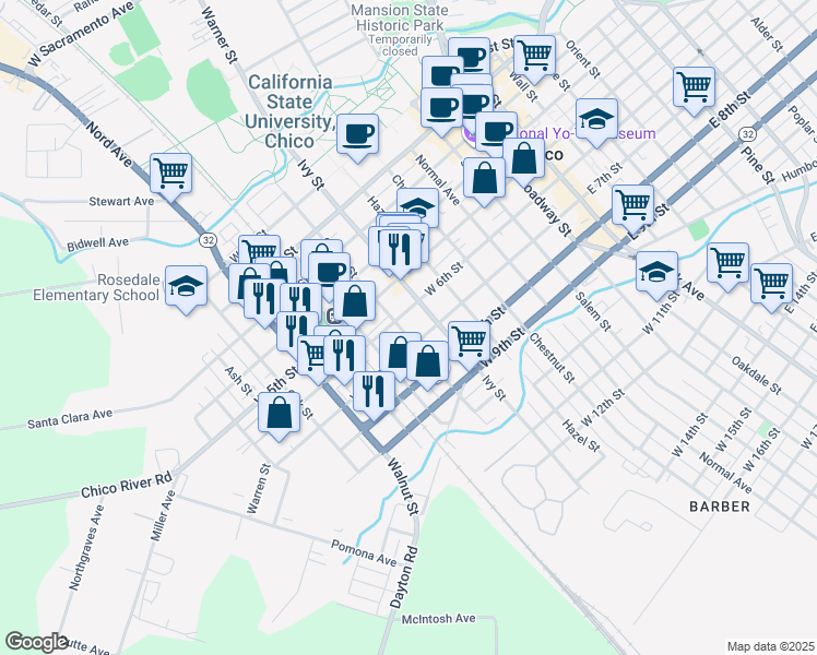 map of restaurants, bars, coffee shops, grocery stores, and more near 619 Cherry Street in Chico