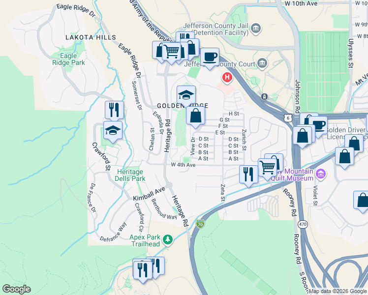 map of restaurants, bars, coffee shops, grocery stores, and more near 449 Antero Street in Golden