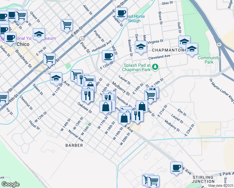 map of restaurants, bars, coffee shops, grocery stores, and more near 1617 Hemlock Street in Chico