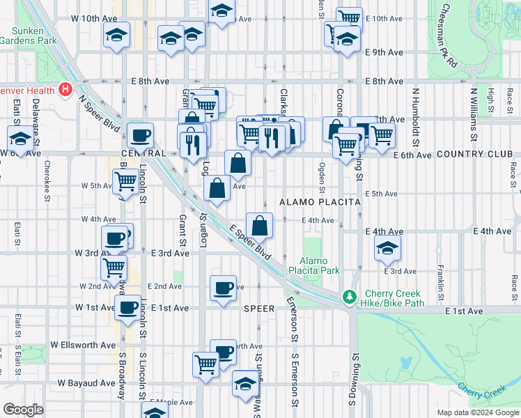 map of restaurants, bars, coffee shops, grocery stores, and more near 425 North Washington Street in Denver