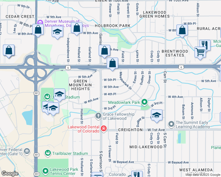 map of restaurants, bars, coffee shops, grocery stores, and more near 9100 West 5th Avenue in Lakewood