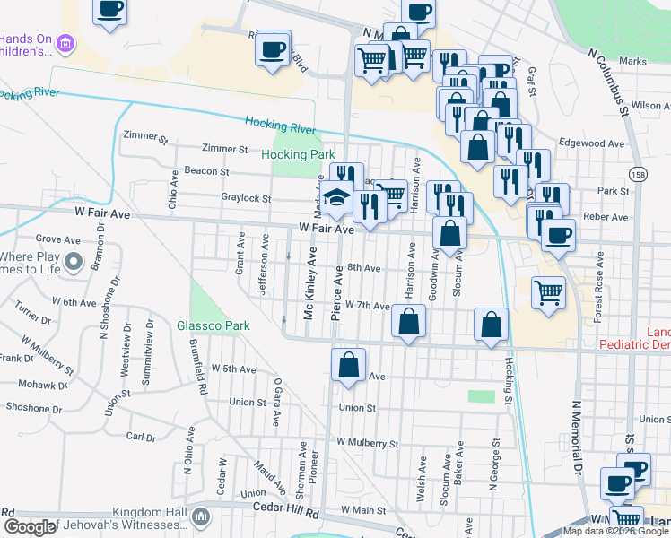 map of restaurants, bars, coffee shops, grocery stores, and more near 745 Pierce Avenue in Lancaster