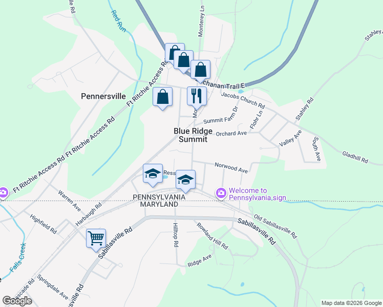 map of restaurants, bars, coffee shops, grocery stores, and more near 13527 Monterey Lane in Blue Ridge Summit
