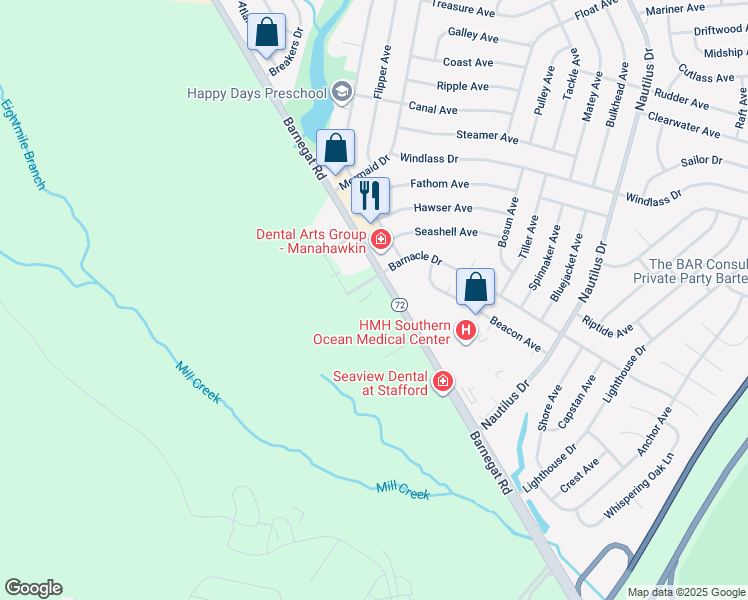 map of restaurants, bars, coffee shops, grocery stores, and more near 1275 New Jersey 72 in Stafford Township