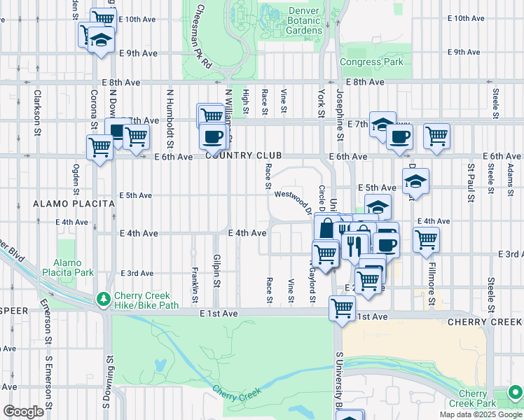 map of restaurants, bars, coffee shops, grocery stores, and more near 419 Race Street in Denver