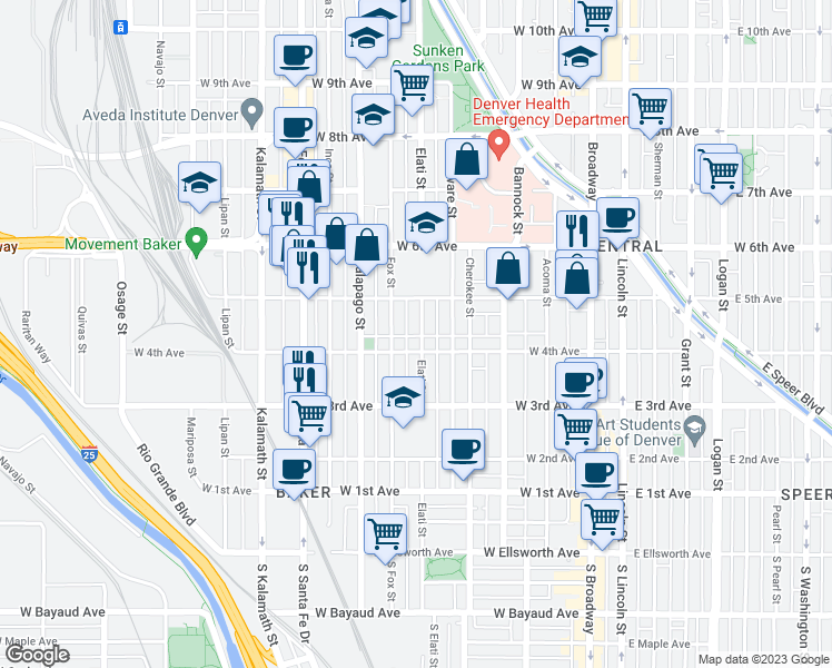 map of restaurants, bars, coffee shops, grocery stores, and more near 421 Elati Street in Denver