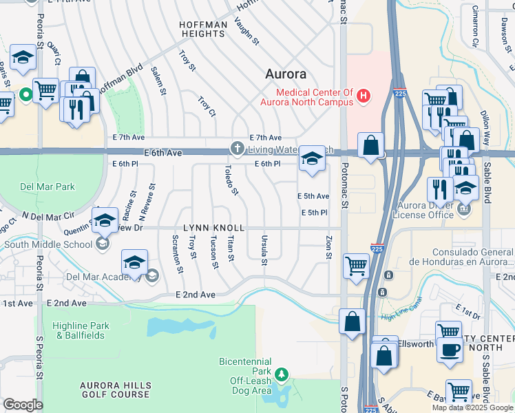 map of restaurants, bars, coffee shops, grocery stores, and more near 459 Ursula Street in Aurora