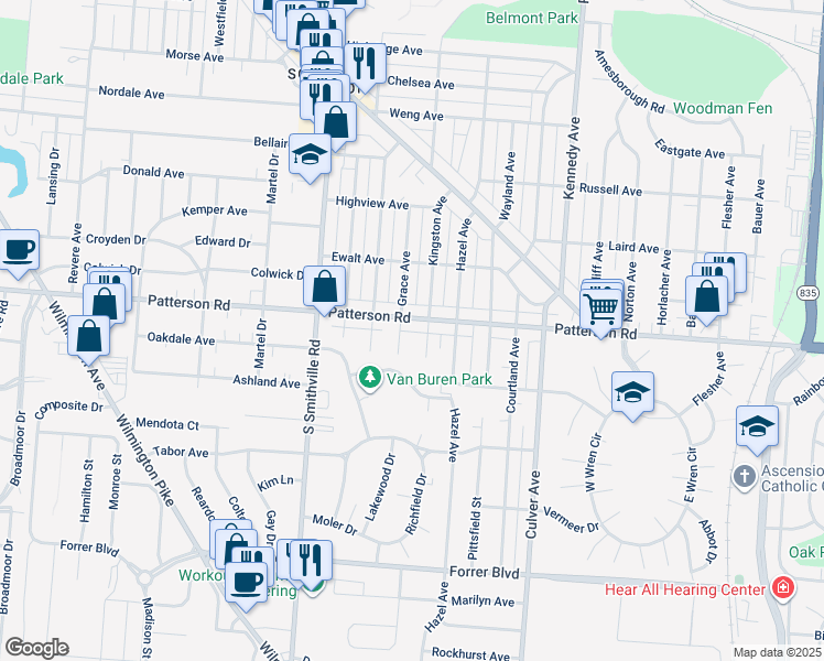 map of restaurants, bars, coffee shops, grocery stores, and more near 1712 Patterson Road in Dayton