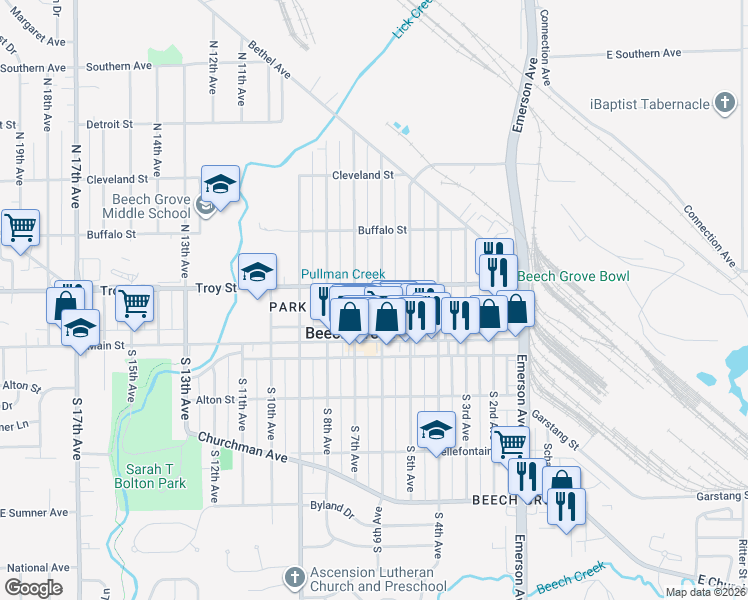 map of restaurants, bars, coffee shops, grocery stores, and more near 80 North 6th Avenue in Beech Grove