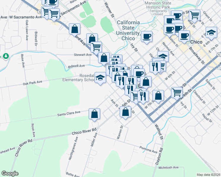 map of restaurants, bars, coffee shops, grocery stores, and more near 220 Oak Street in Chico