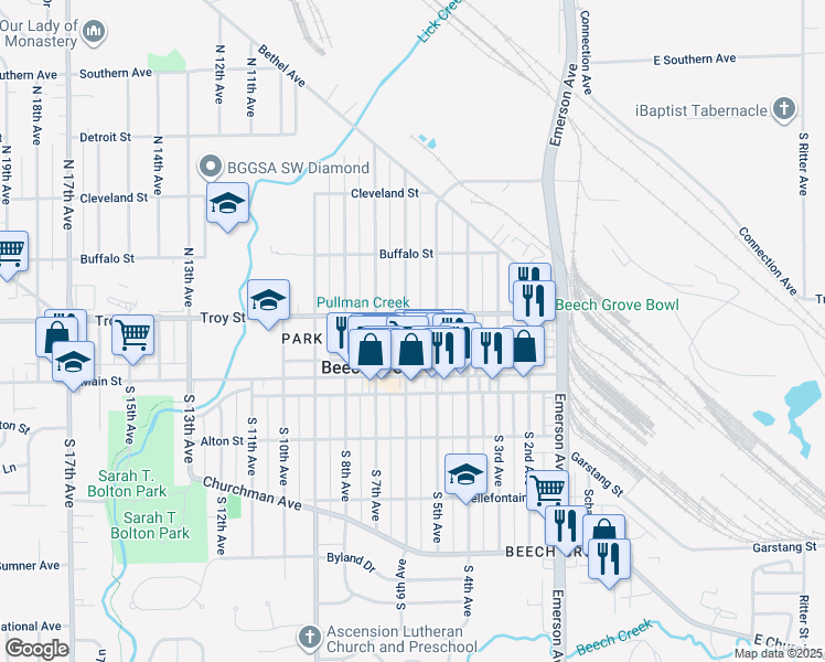 map of restaurants, bars, coffee shops, grocery stores, and more near 77 North 6th Avenue in Beech Grove