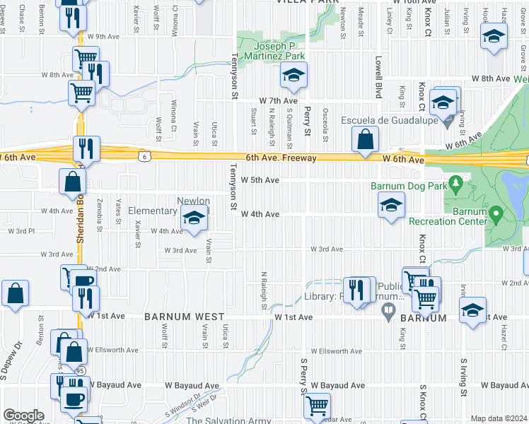 map of restaurants, bars, coffee shops, grocery stores, and more near 4209 West 4th Avenue in Denver