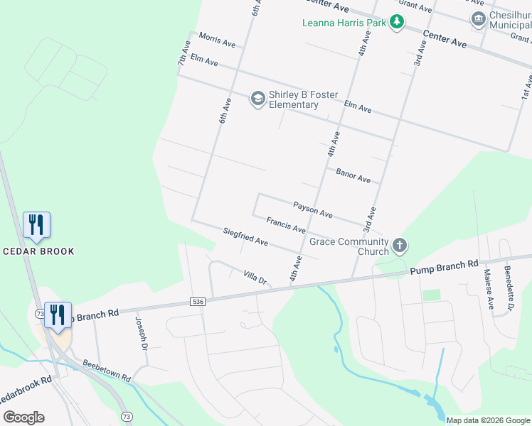 map of restaurants, bars, coffee shops, grocery stores, and more near 424 Francis Avenue in Chesilhurst