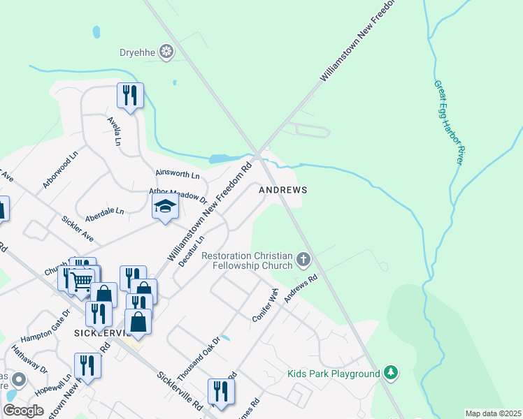 map of restaurants, bars, coffee shops, grocery stores, and more near 18 Dover Lane in Sicklerville