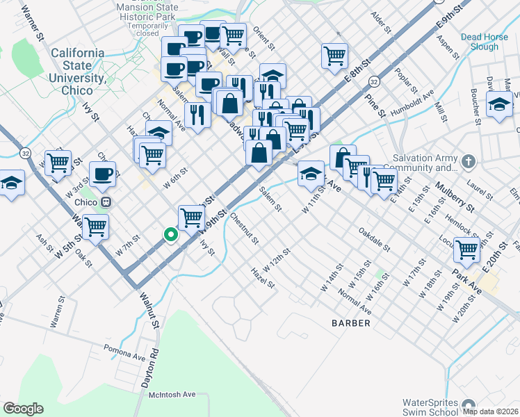 map of restaurants, bars, coffee shops, grocery stores, and more near 955 Normal Avenue in Chico
