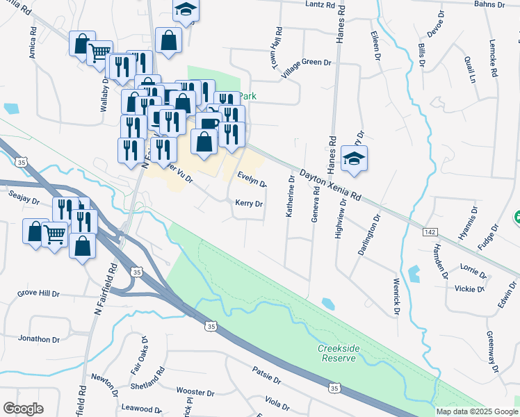 map of restaurants, bars, coffee shops, grocery stores, and more near 3133 Kerry Drive in Dayton