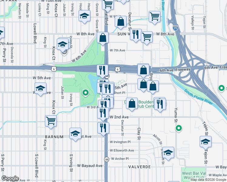 map of restaurants, bars, coffee shops, grocery stores, and more near 2931 West Short Place in Denver