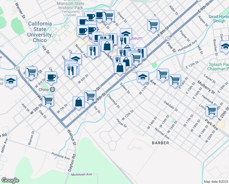 map of restaurants, bars, coffee shops, grocery stores, and more near 930 Normal Avenue in Chico
