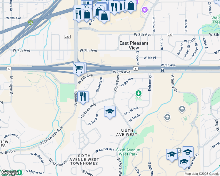map of restaurants, bars, coffee shops, grocery stores, and more near 14337 West 4th Place in Golden